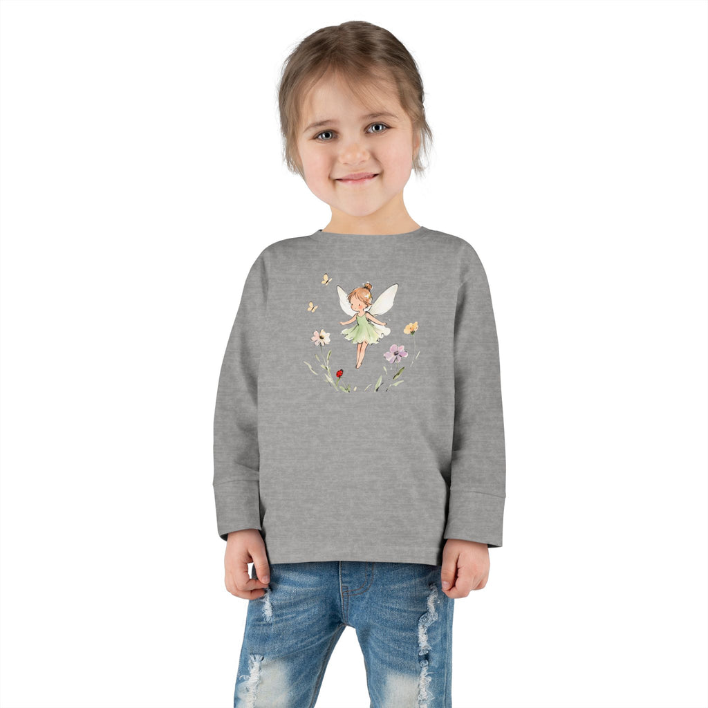 Fern Fairy watercolor toddler long sleeve tee, green dress fairy with wildflowers, additional view