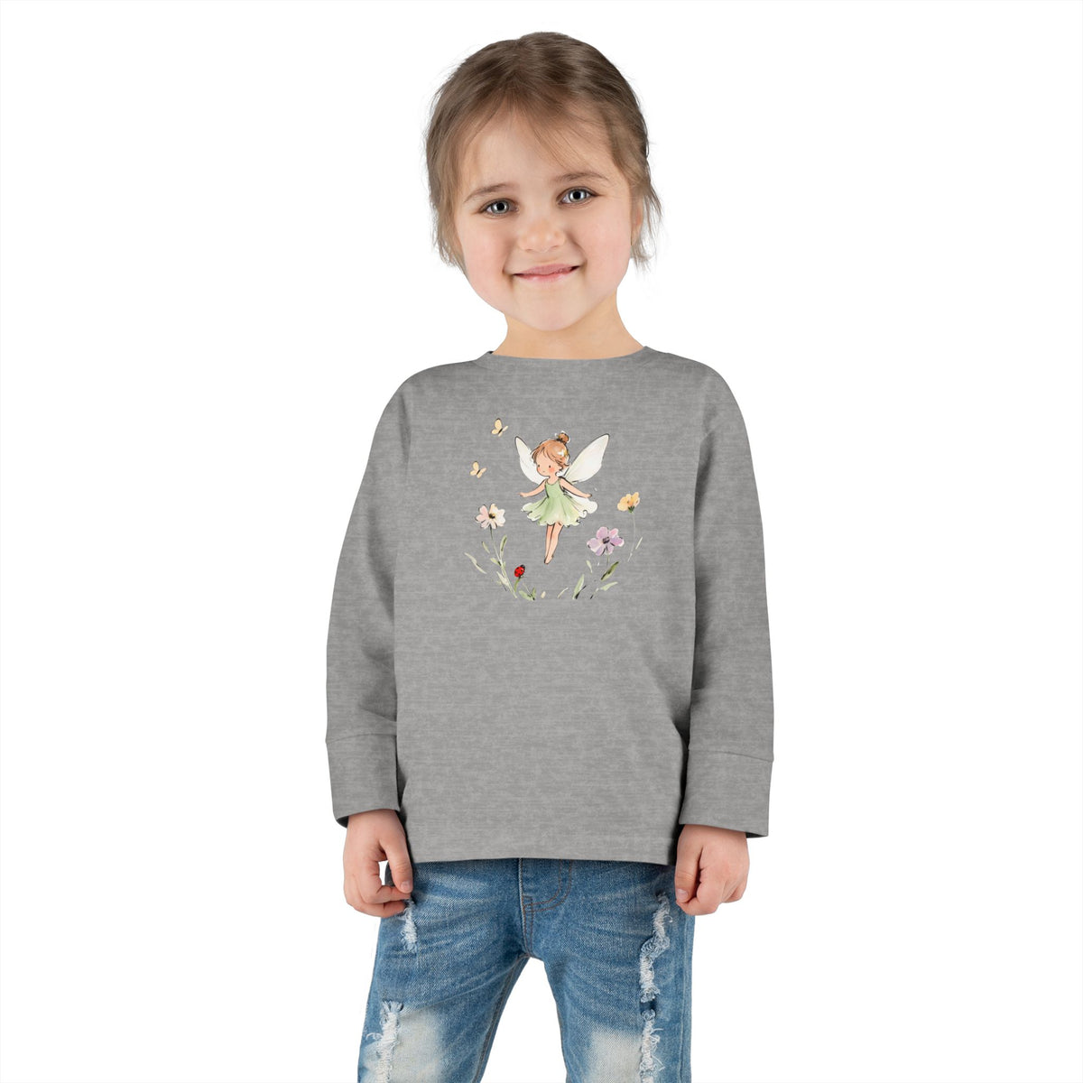 Fern Fairy watercolor toddler long sleeve tee, green dress fairy with wildflowers, additional view