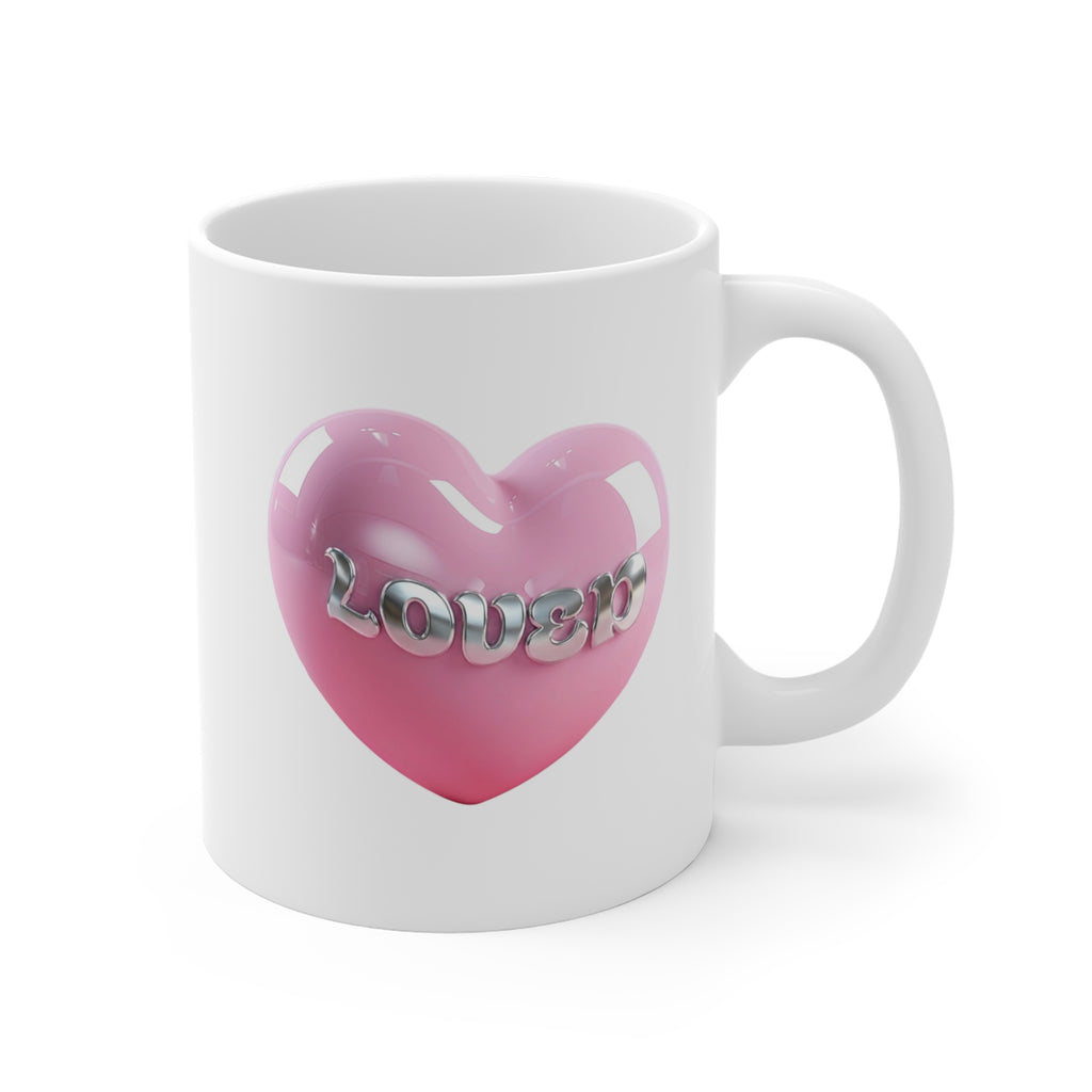 Loved pink heart chrome coffee mug, handle view