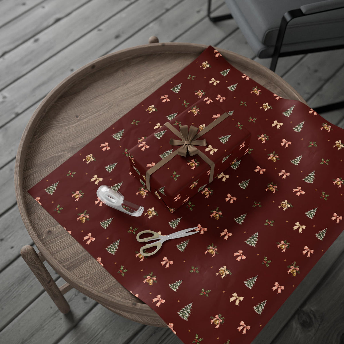 Bells & Bows Christmas Wrapping Paper | Deep Red Vintage Gift Wrap