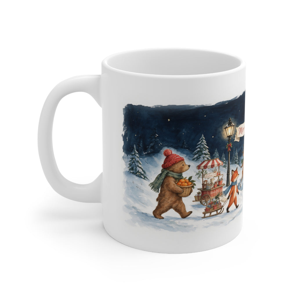 Woodland Village Frozen Lake mug, bear and fox at a hot cocoa cart under a starry sky