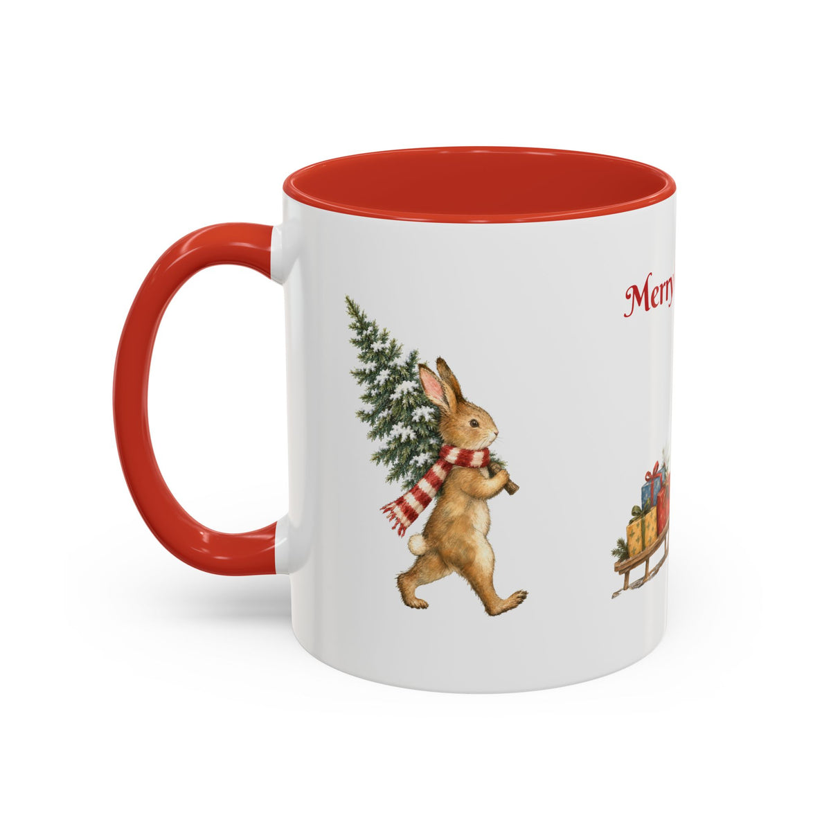 Woodland Village mug with a bunny carrying a Christmas tree