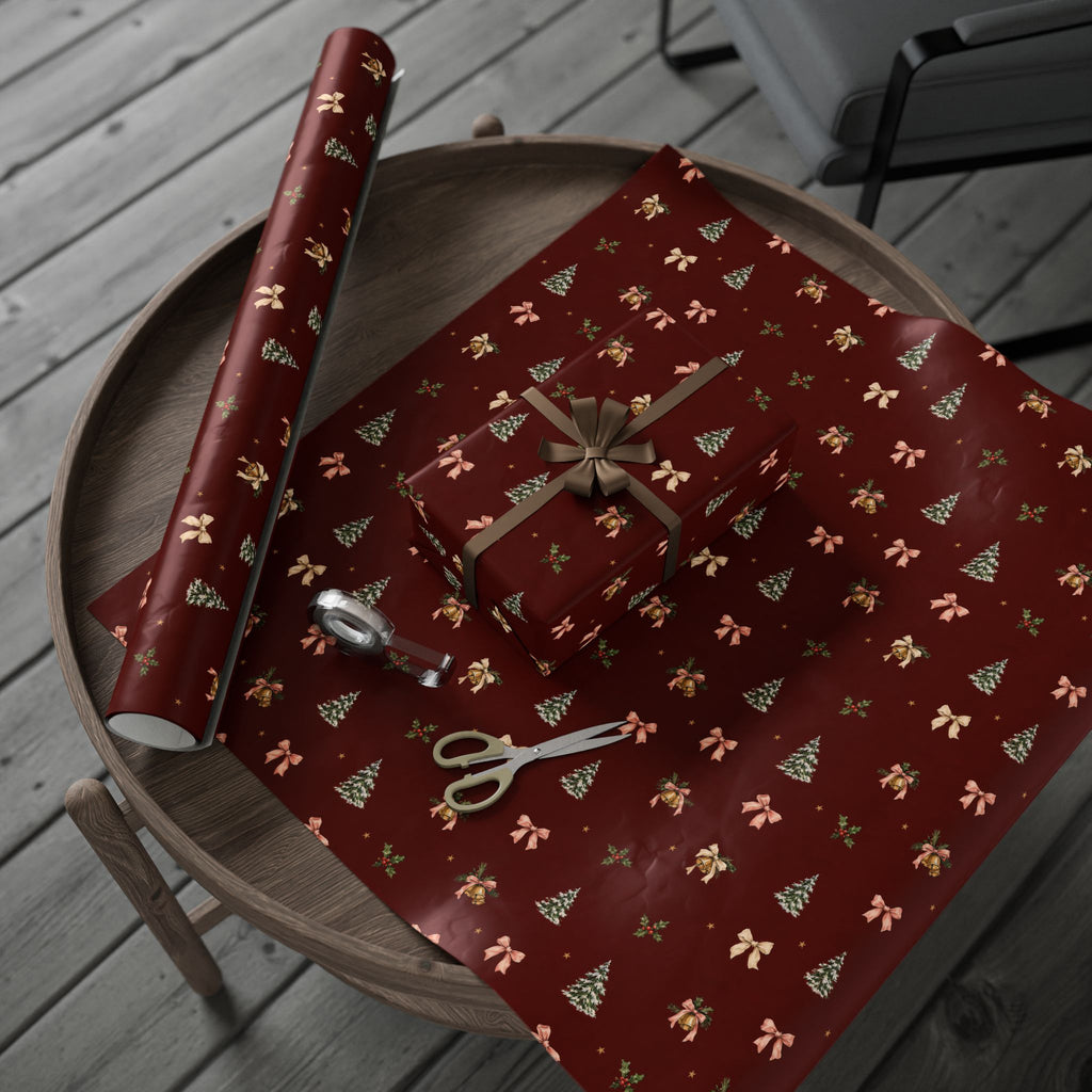 Bells & Bows Christmas Wrapping Paper | Deep Red Vintage Gift Wrap