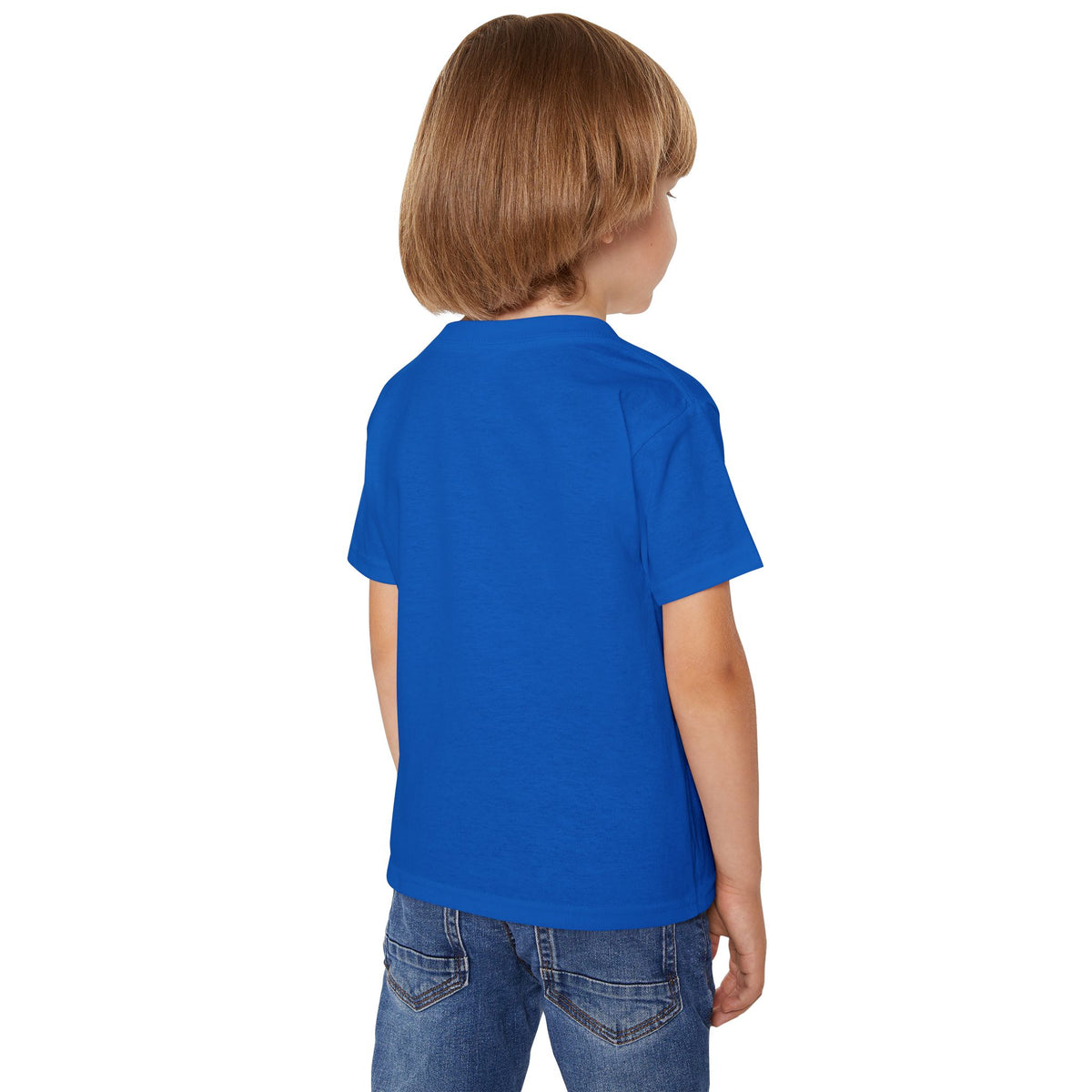 Toddler wearing the Lil Boo tee in royal blue, back view