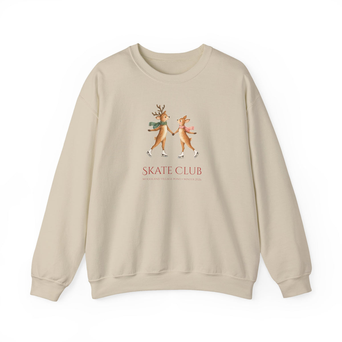 Sand Skate Club crewneck with two Woodland Village deer ice skating