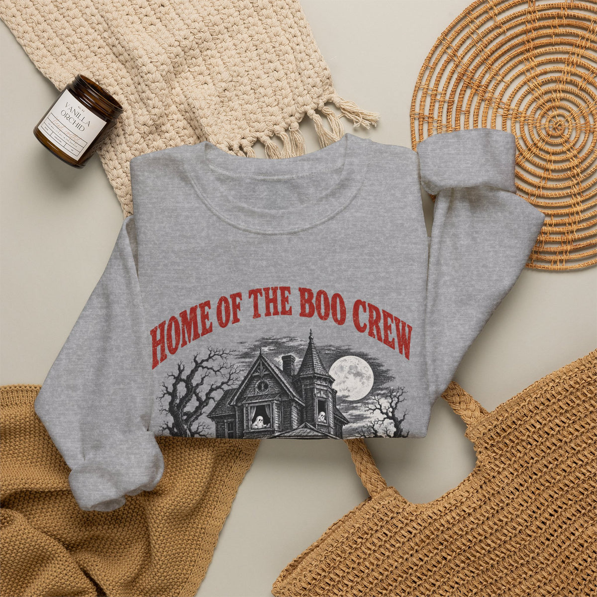 Home of the Boo Crew crewneck sweatshirt in sport grey, fall flat lay