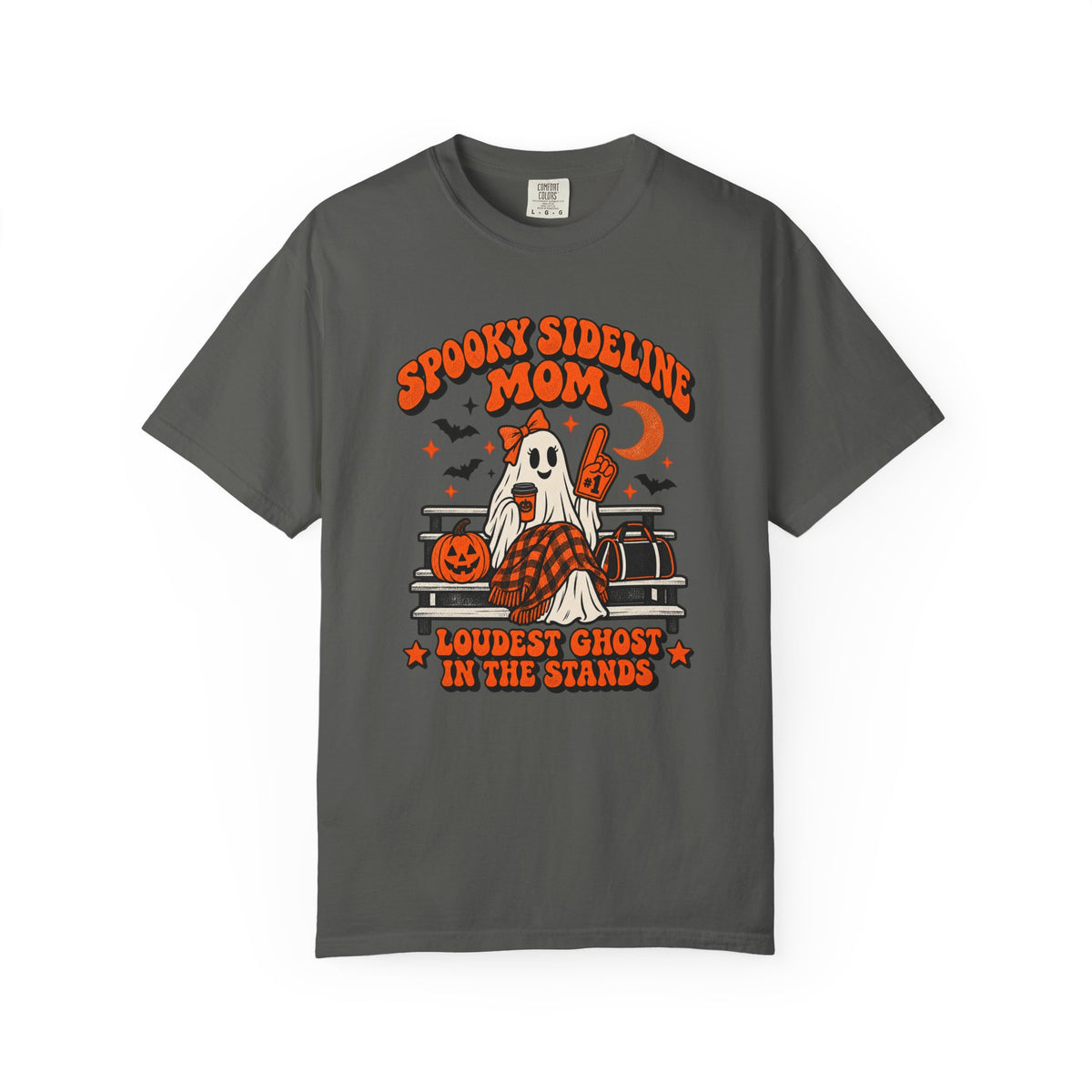 Spooky Sideline Mom Halloween tee in pepper, loudest ghost in the stands