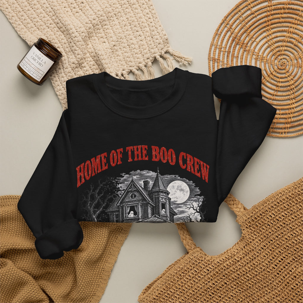 Home of the Boo Crew crewneck sweatshirt in black, fall flat lay