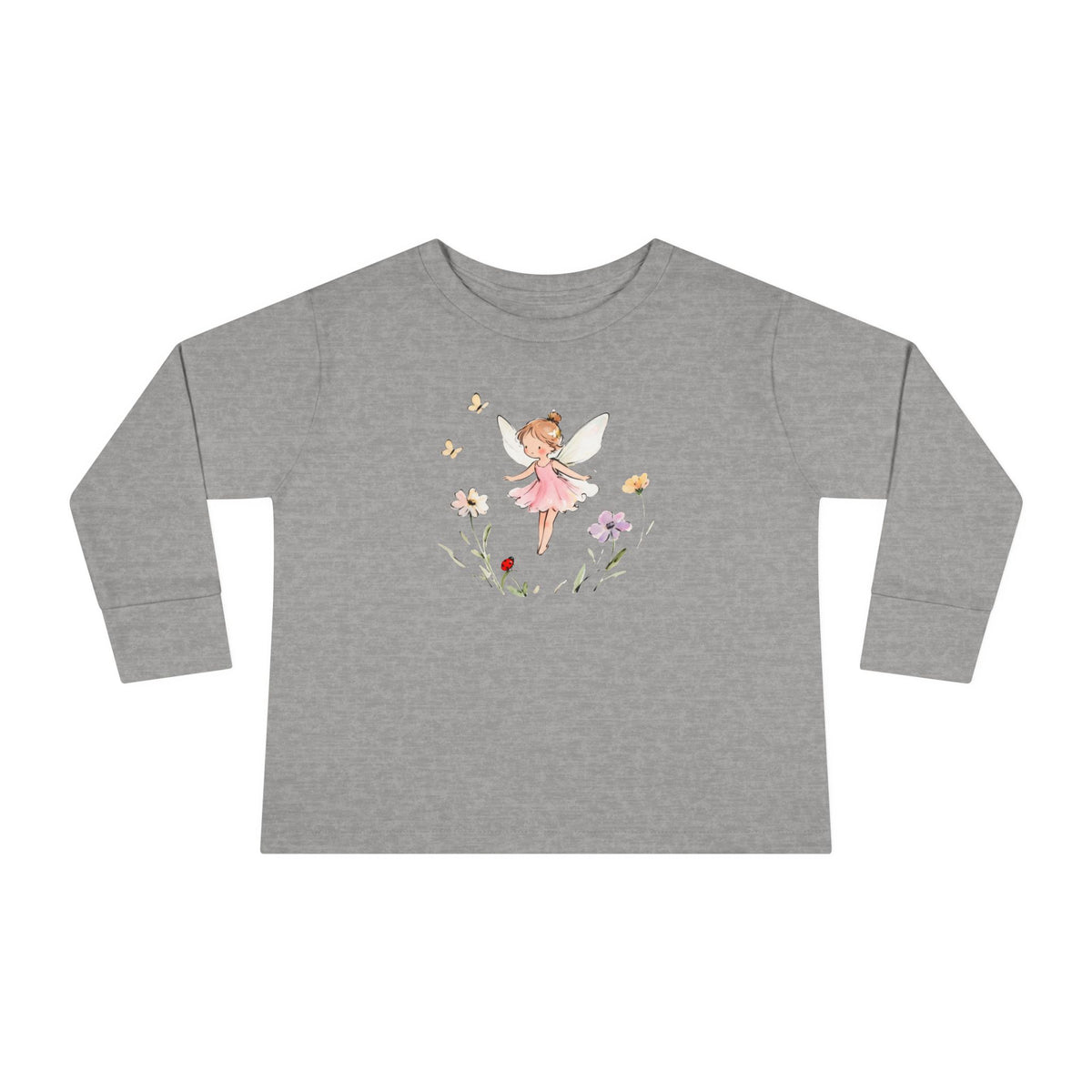 Pink Blossom Fairy watercolor toddler long sleeve tee, pink dress fairy with wildflowers, additional view