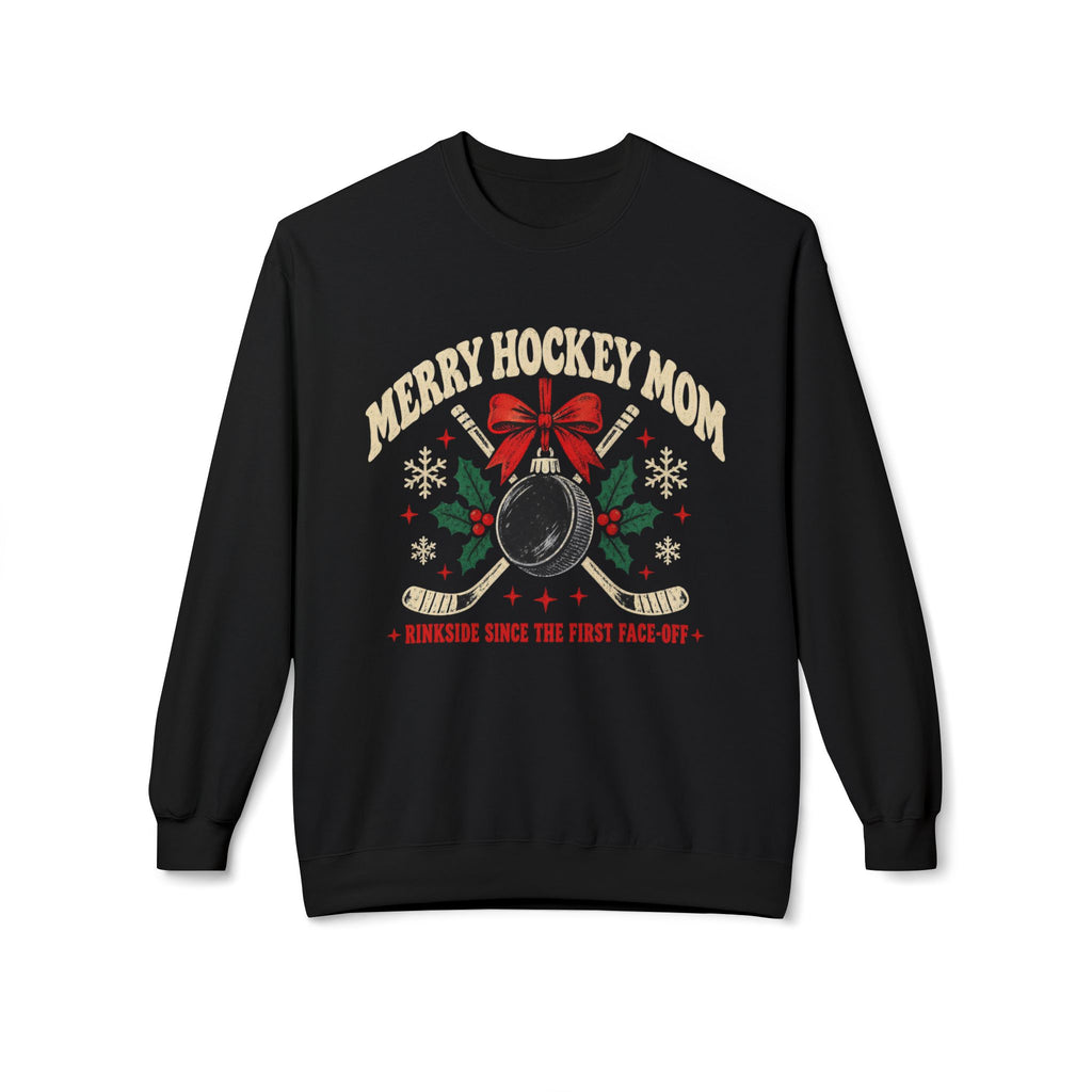 Merry Hockey Mom Christmas crewneck sweatshirt in black with a hockey puck ornament