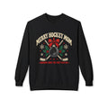 Merry Hockey Mom Christmas crewneck sweatshirt in black with a hockey puck ornament
