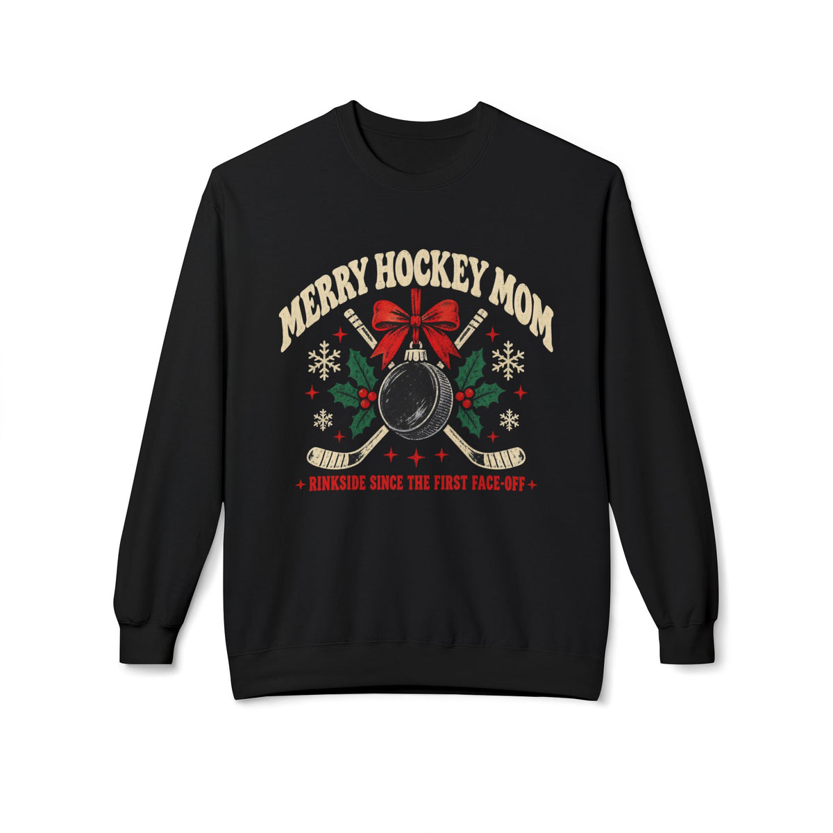 Merry Hockey Mom Christmas crewneck sweatshirt in black with a hockey puck ornament
