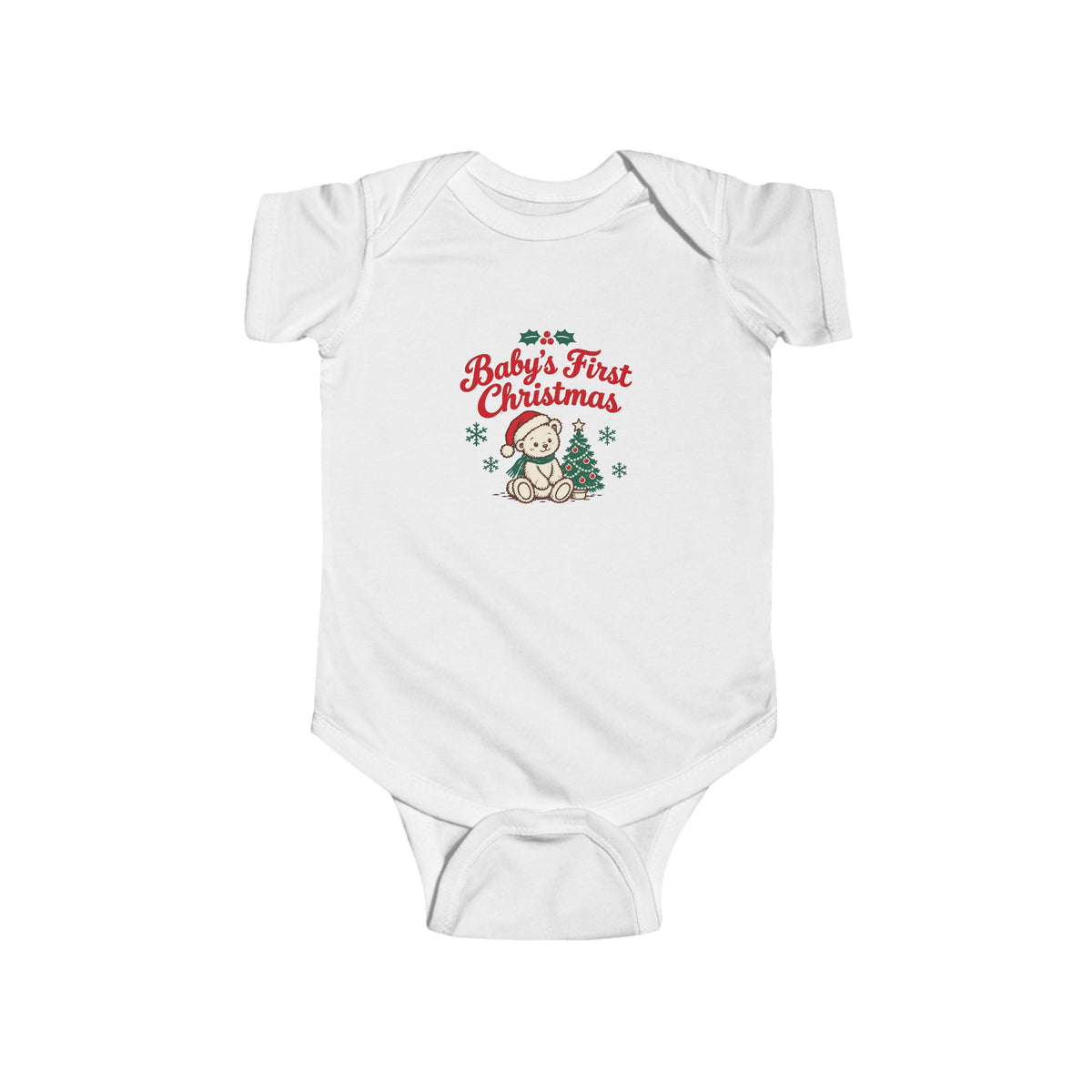 White Baby's First Christmas bodysuit with a teddy bear in a Santa hat beside a Christmas tree