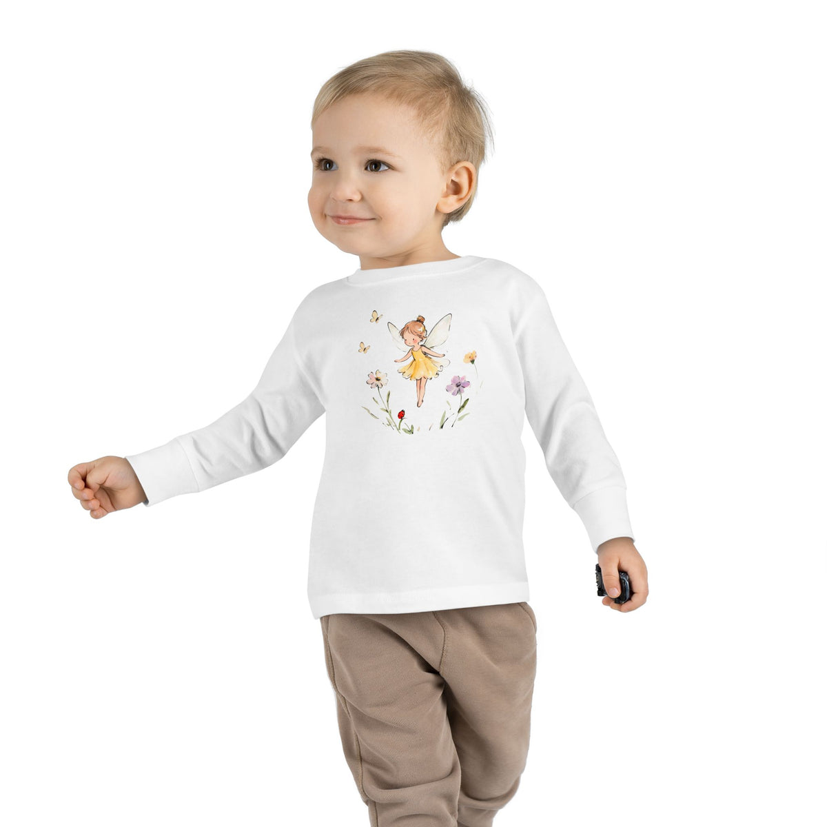 Buttercup Fairy watercolor toddler long sleeve tee, yellow dress fairy with wildflowers, additional view
