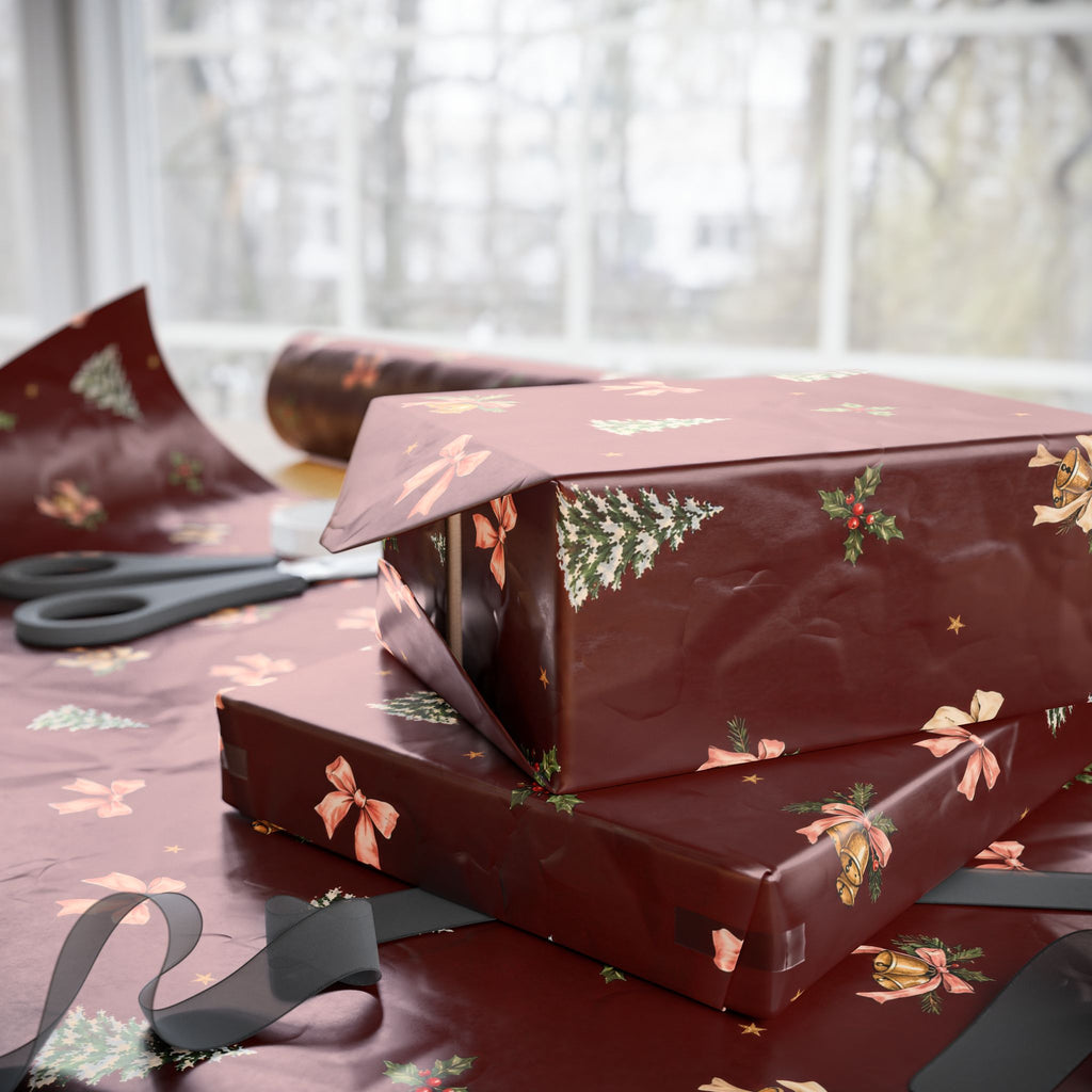 Bells & Bows Christmas Wrapping Paper | Deep Red Vintage Gift Wrap