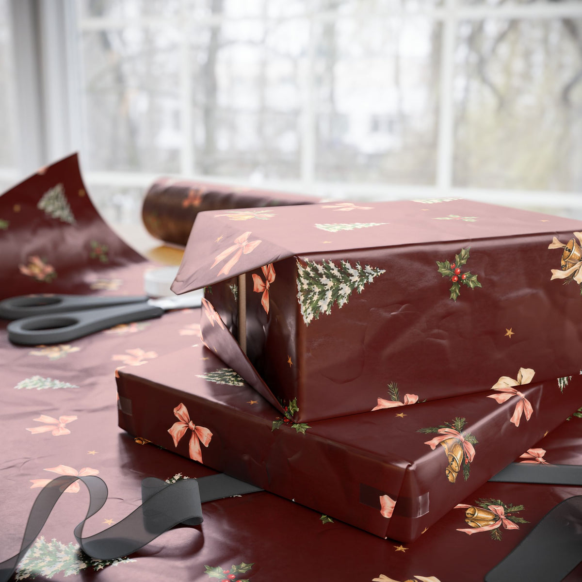 Bells & Bows Christmas Wrapping Paper | Deep Red Vintage Gift Wrap