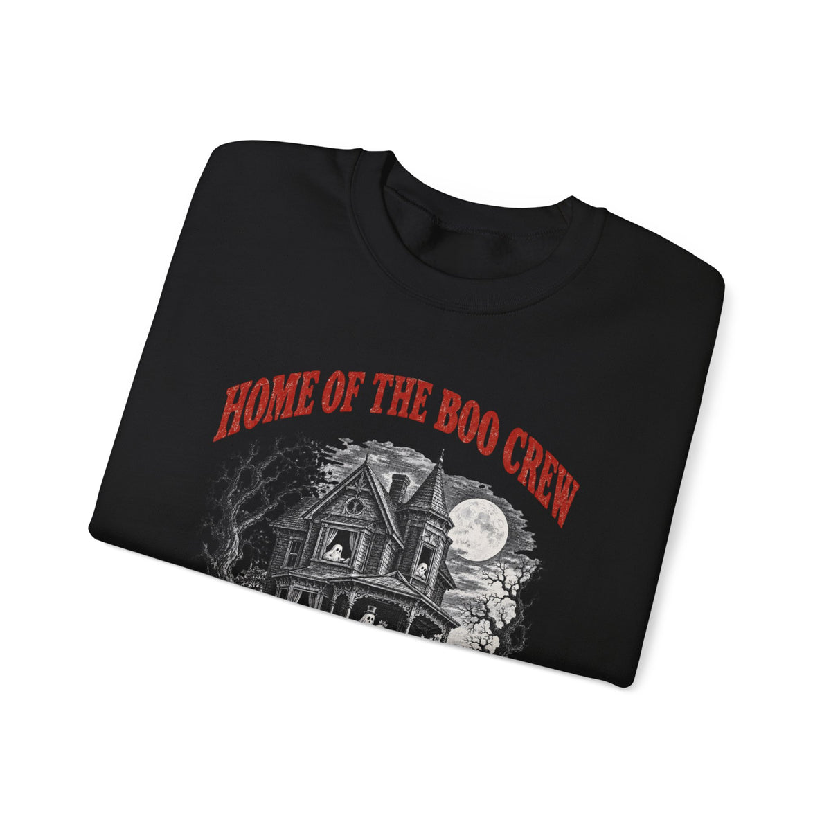 Home of the Boo Crew crewneck sweatshirt in black, folded
