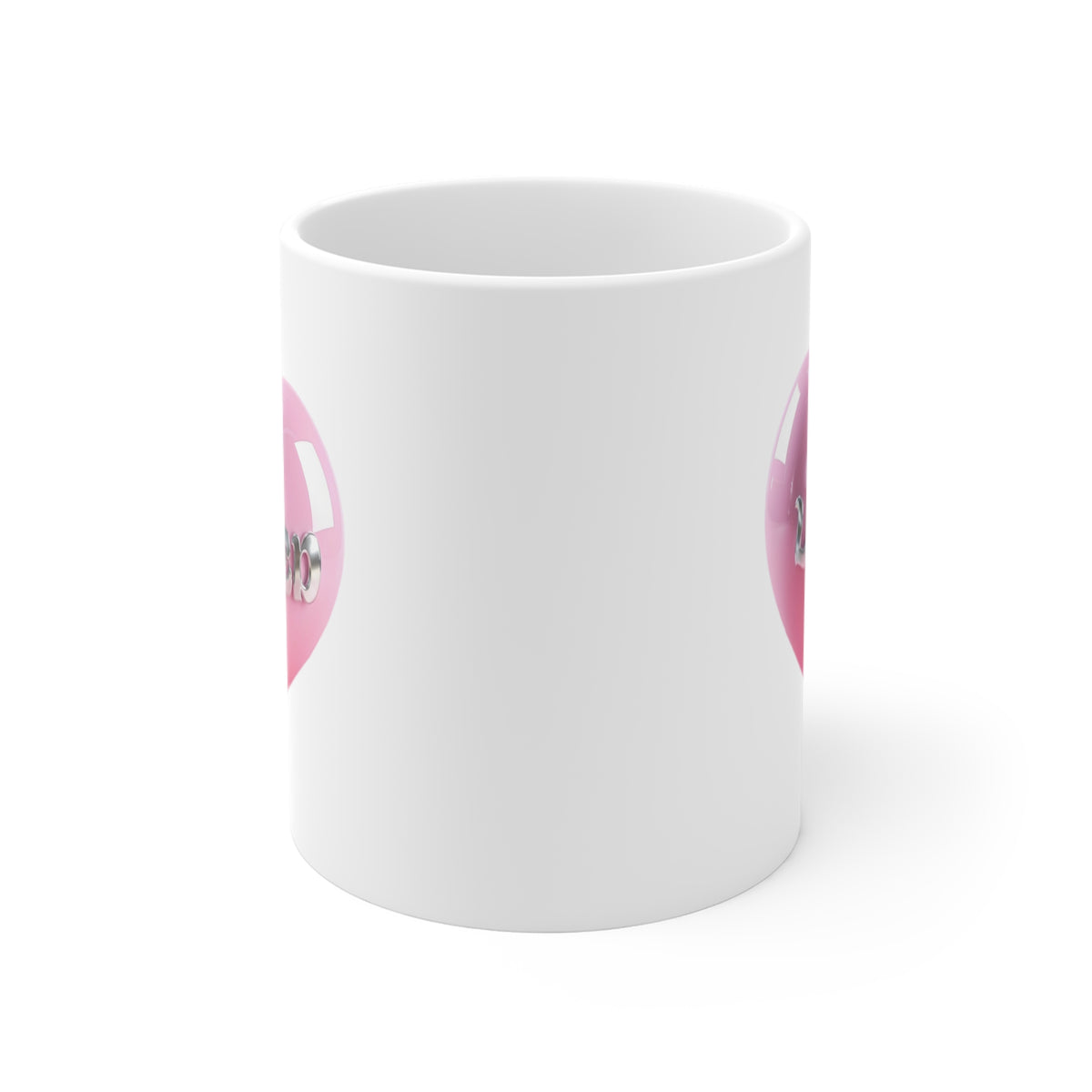 Loved pink heart chrome coffee mug, side view