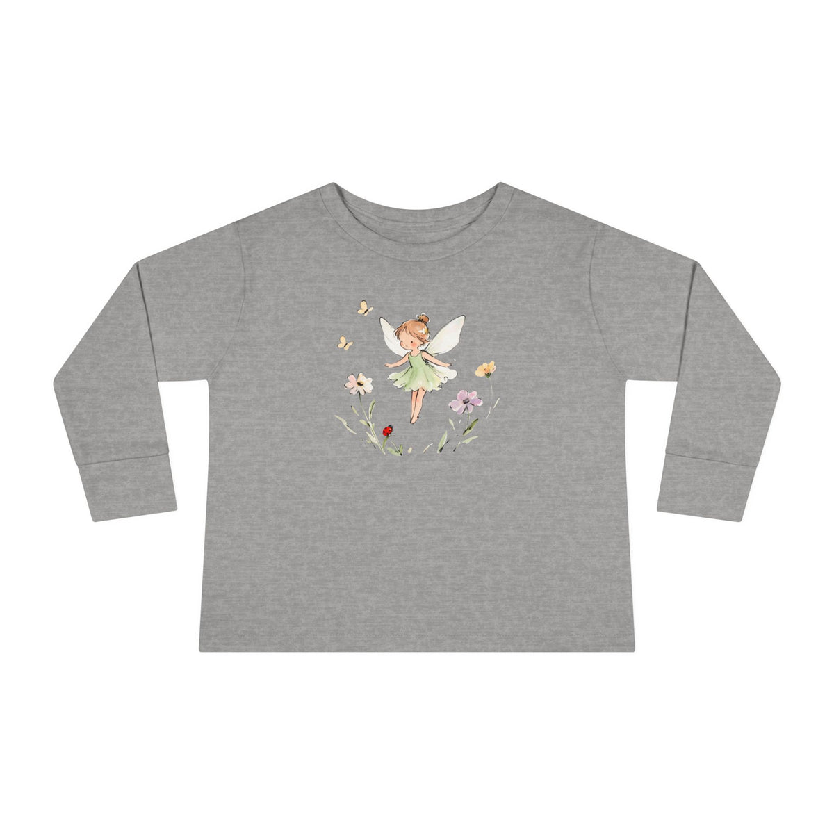 Fern Fairy watercolor toddler long sleeve tee, green dress fairy with wildflowers, additional view