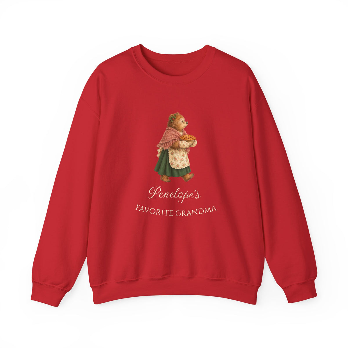 Red Favorite Grandma crewneck with the Woodland Grandma Bear carrying a lattice pie