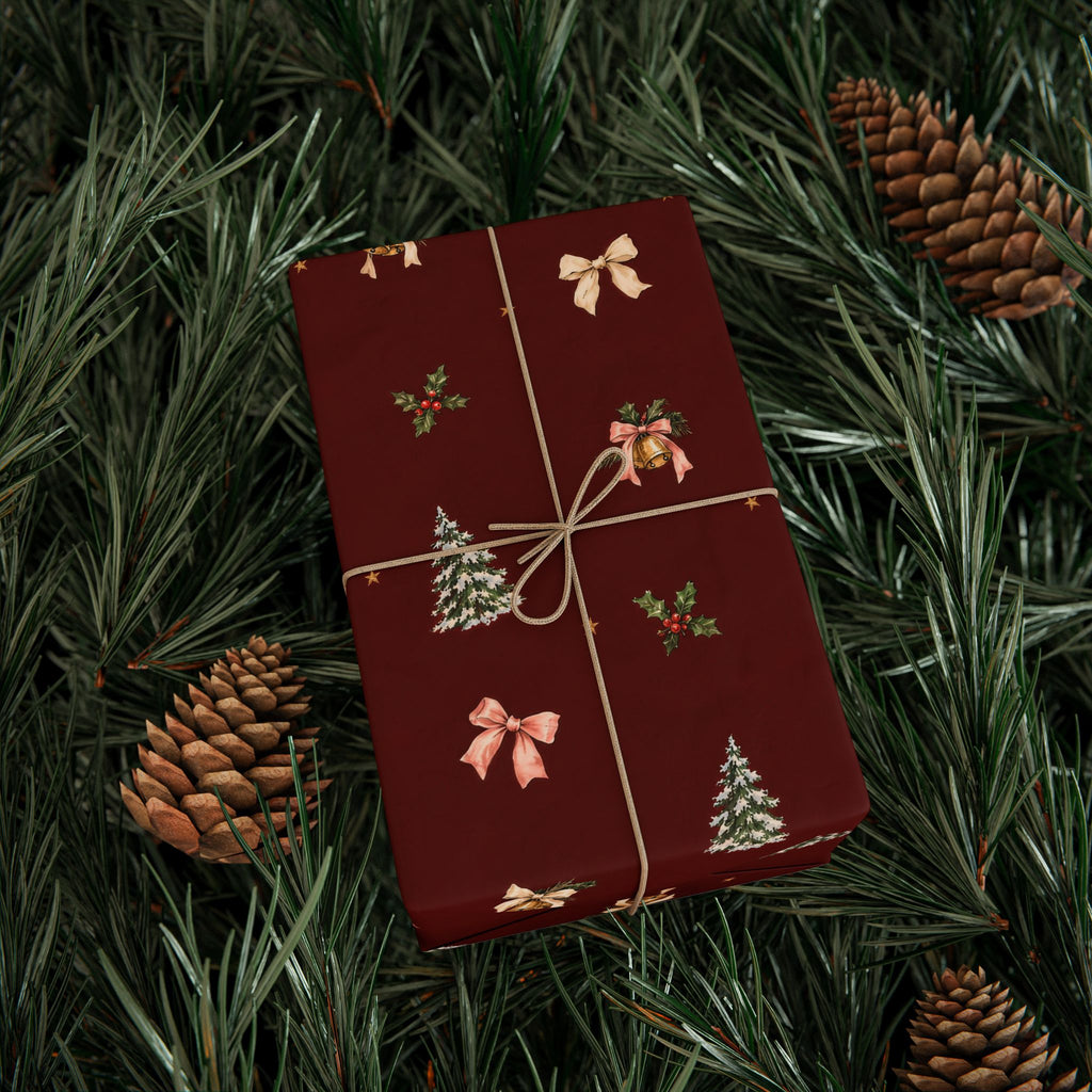 Bells & Bows Christmas Wrapping Paper | Deep Red Vintage Gift Wrap