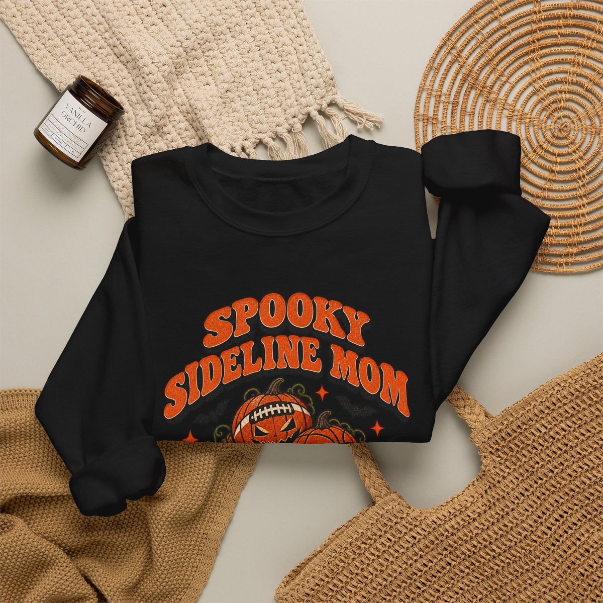 Black Spooky Sideline Mom sweatshirt flat lay with fall accessories