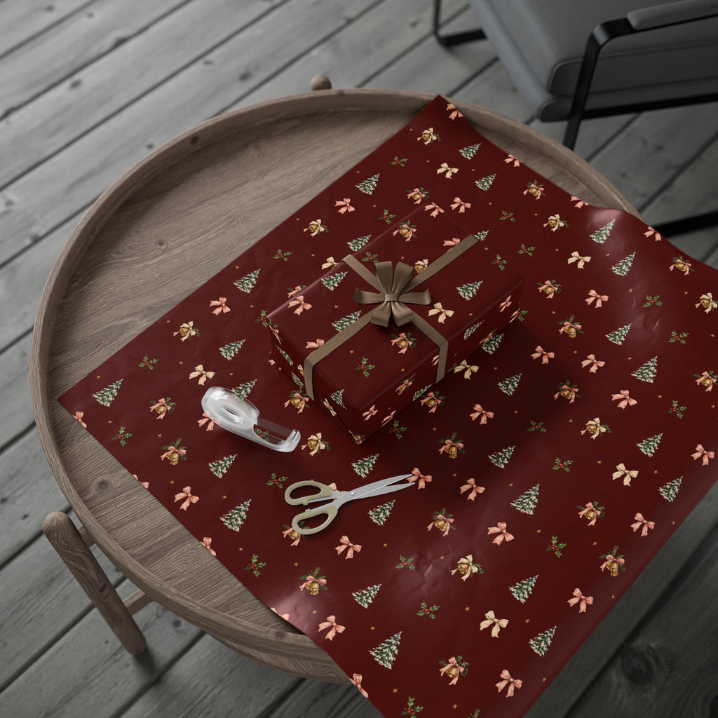 Bells & Bows Christmas Wrapping Paper | Deep Red Vintage Gift Wrap