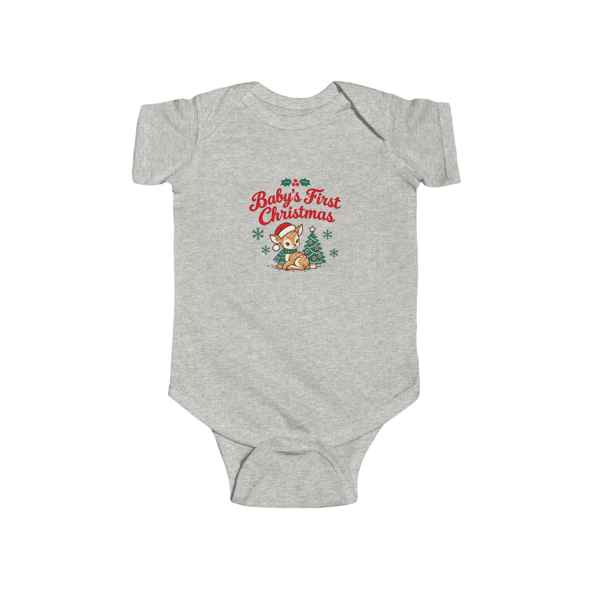 Ash gray Baby's First Christmas fawn bodysuit