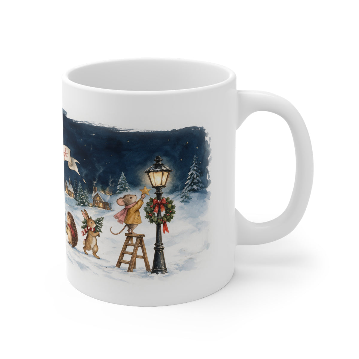 Woodland Village Frozen Lake mug with a Merry & Bright banner, hedgehog, bunny and mouse