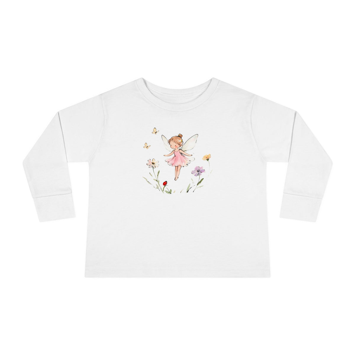 Pink Blossom Fairy watercolor toddler long sleeve tee, pink dress fairy with wildflowers