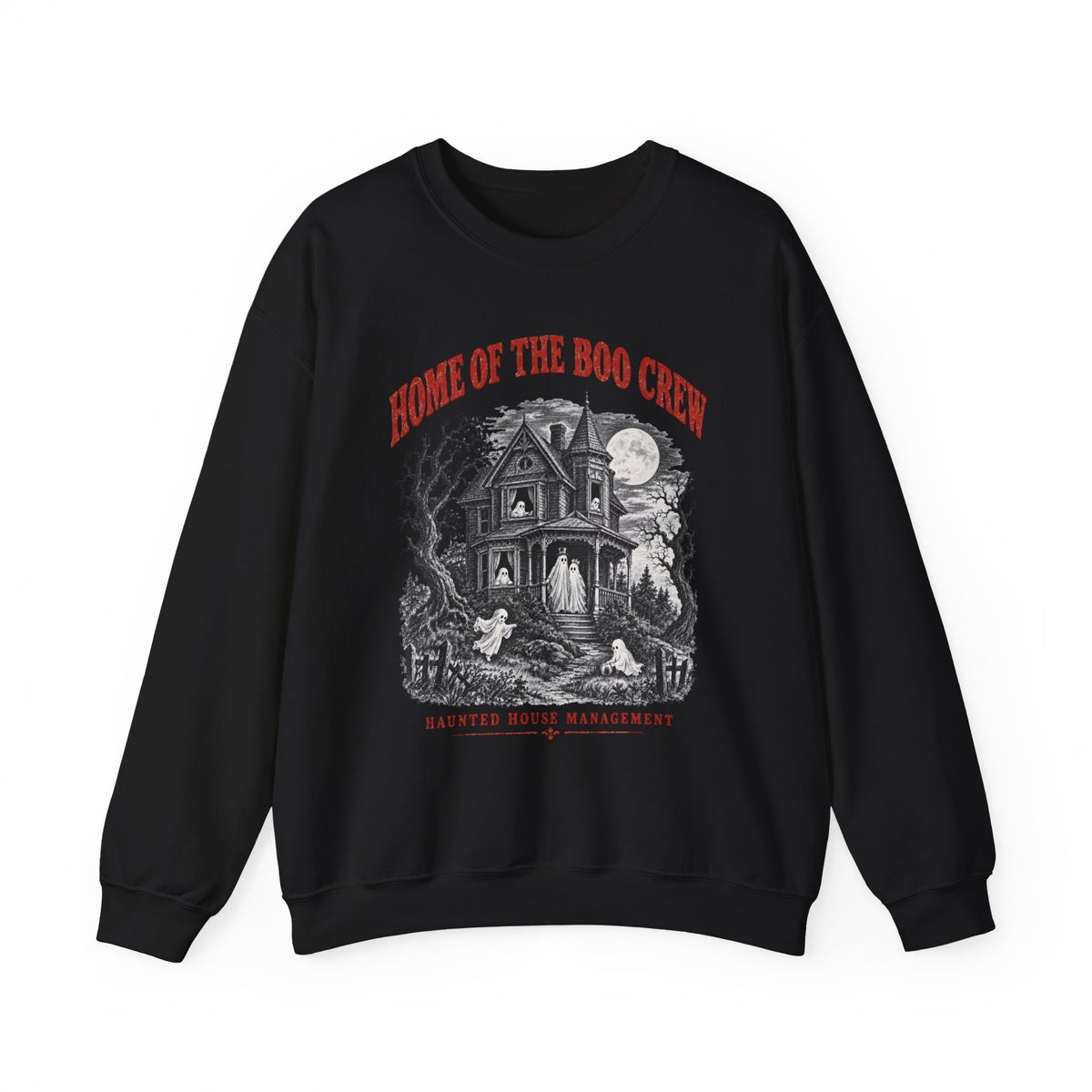 Home of the Boo Crew haunted house crewneck sweatshirt in black, front