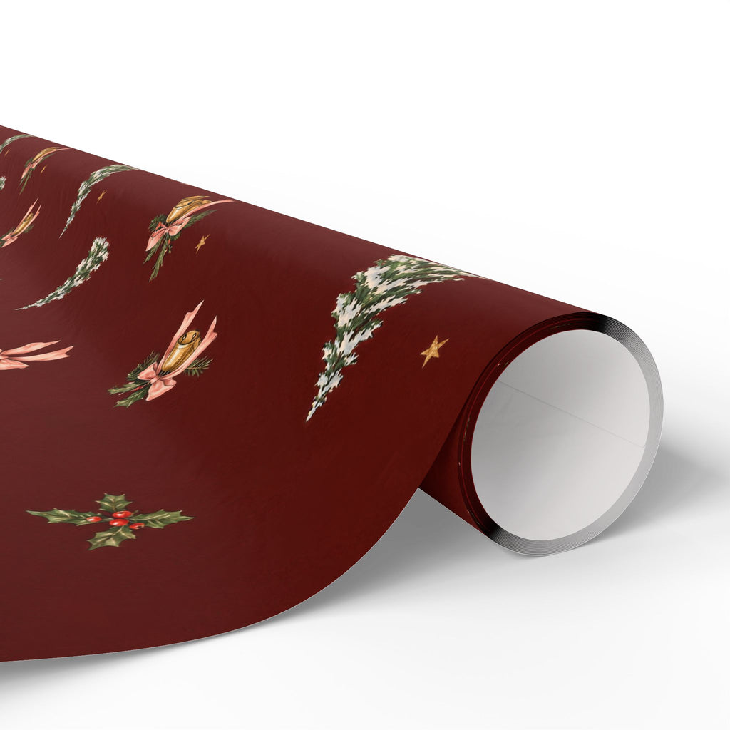 Bells & Bows Christmas Wrapping Paper | Deep Red Vintage Gift Wrap