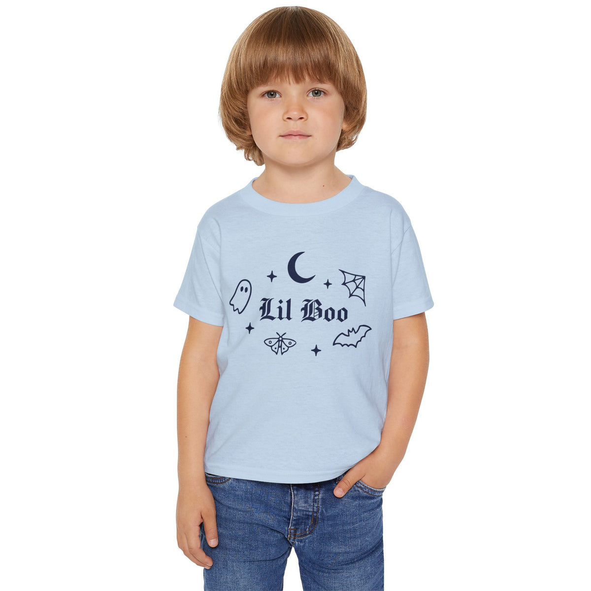 Toddler wearing the Lil Boo gothic Halloween tee in light blue