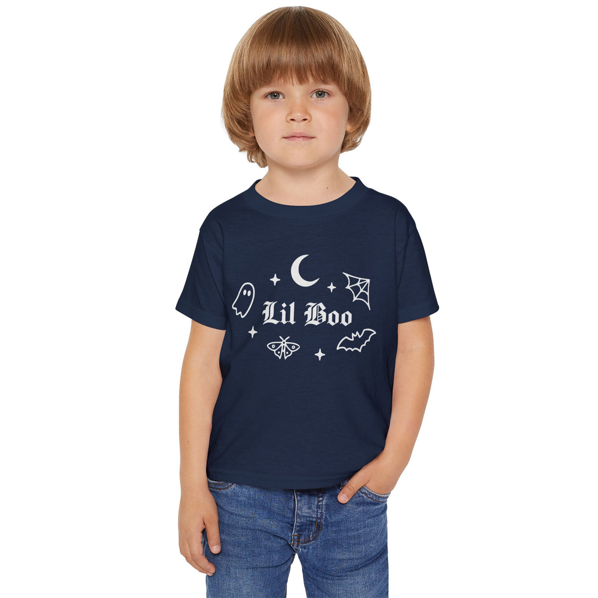 Toddler wearing the Lil Boo gothic Halloween tee in navy