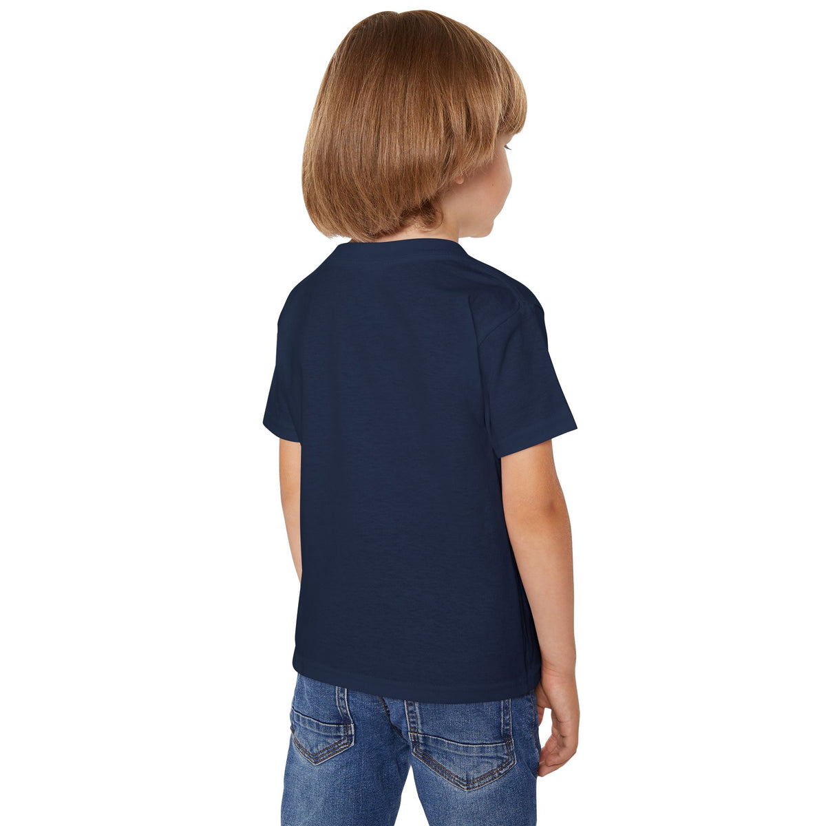 Toddler wearing the Lil Boo tee in navy, back view