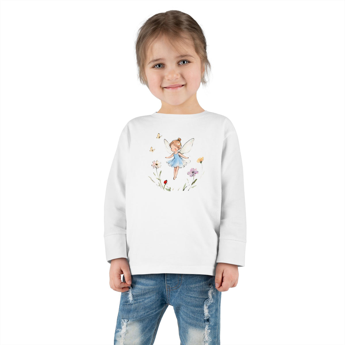 Bluebell Fairy watercolor toddler long sleeve tee, blue dress fairy with wildflowers, additional view