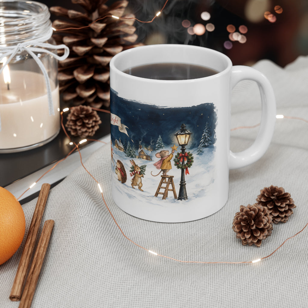 Woodland Village Frozen Lake Christmas mug in a cozy holiday setting