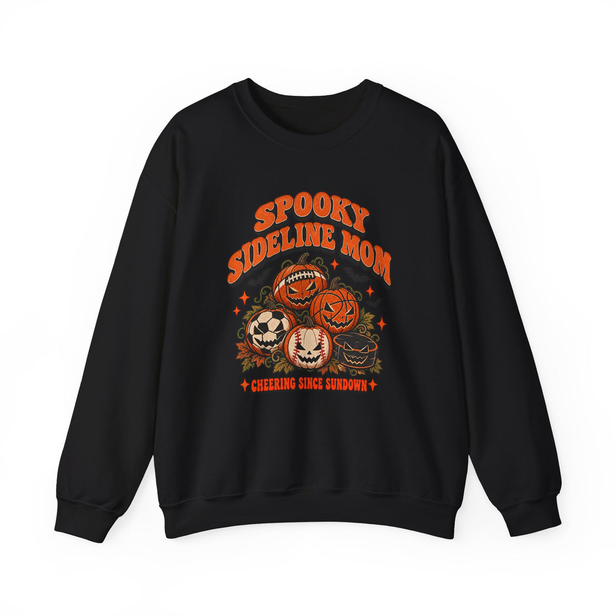 Spooky Sideline Mom black crewneck sweatshirt with jack-o'-lantern sports balls in orange