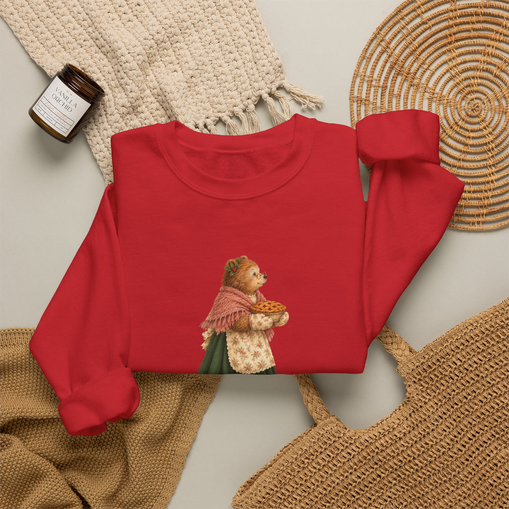 Red Favorite Grandma sweatshirt styled flat with a knit blanket and basket