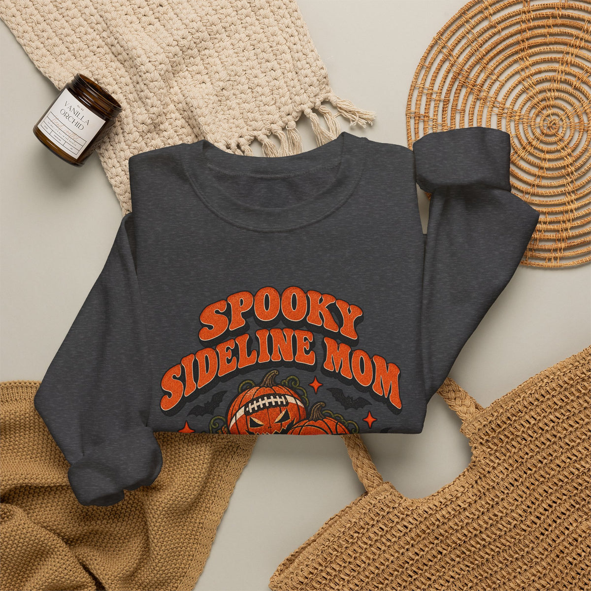 Dark Heather Spooky Sideline Mom sweatshirt flat lay with fall accessories