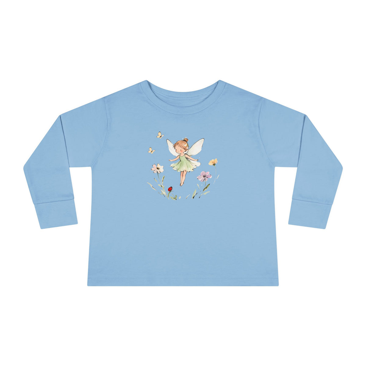 Fern Fairy watercolor toddler long sleeve tee, green dress fairy with wildflowers, additional view