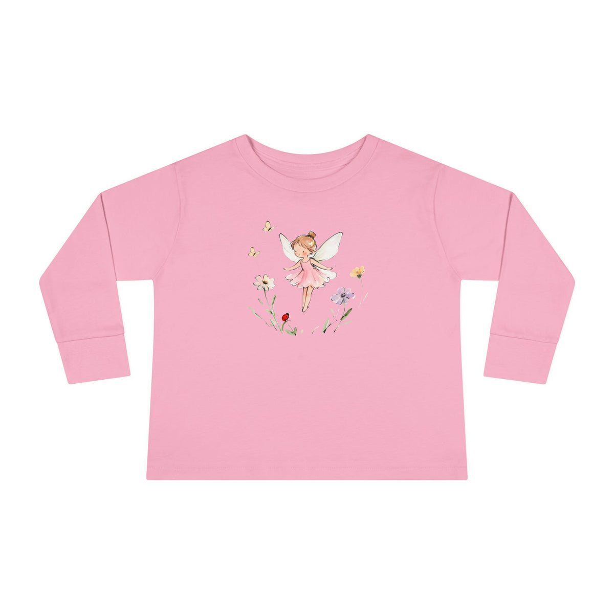 Pink Blossom Fairy watercolor toddler long sleeve tee, pink dress fairy with wildflowers, additional view
