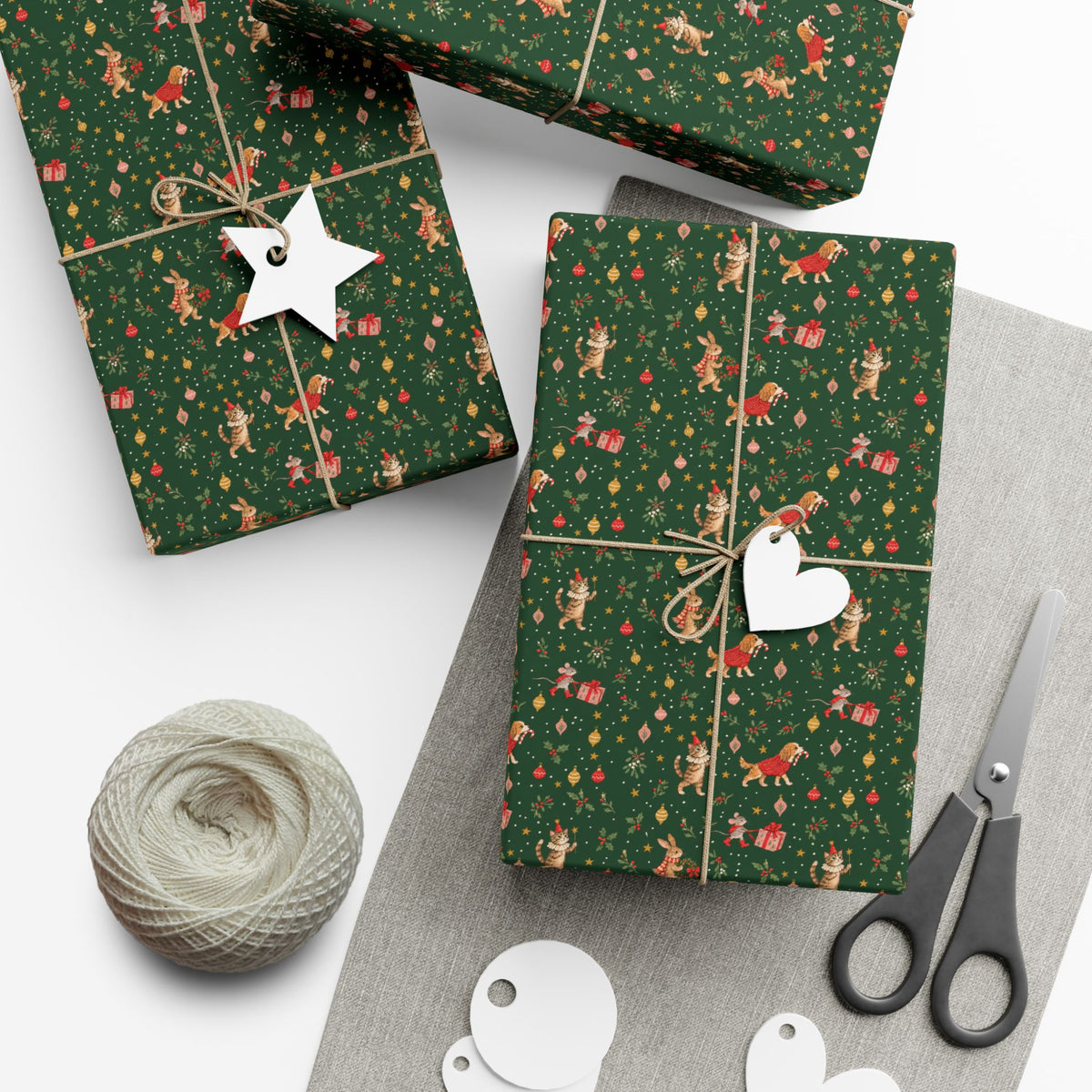 Pine Green Friends Christmas Wrapping Paper | Cats, Dogs & Bunnies Gift Wrap