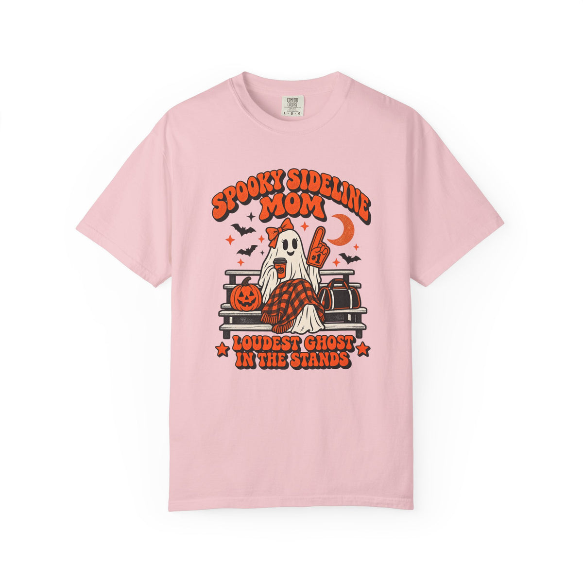 Spooky Sideline Mom Halloween tee in blossom pink