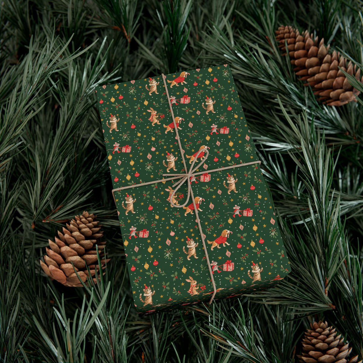 Pine Green Friends Christmas Wrapping Paper | Cats, Dogs & Bunnies Gift Wrap