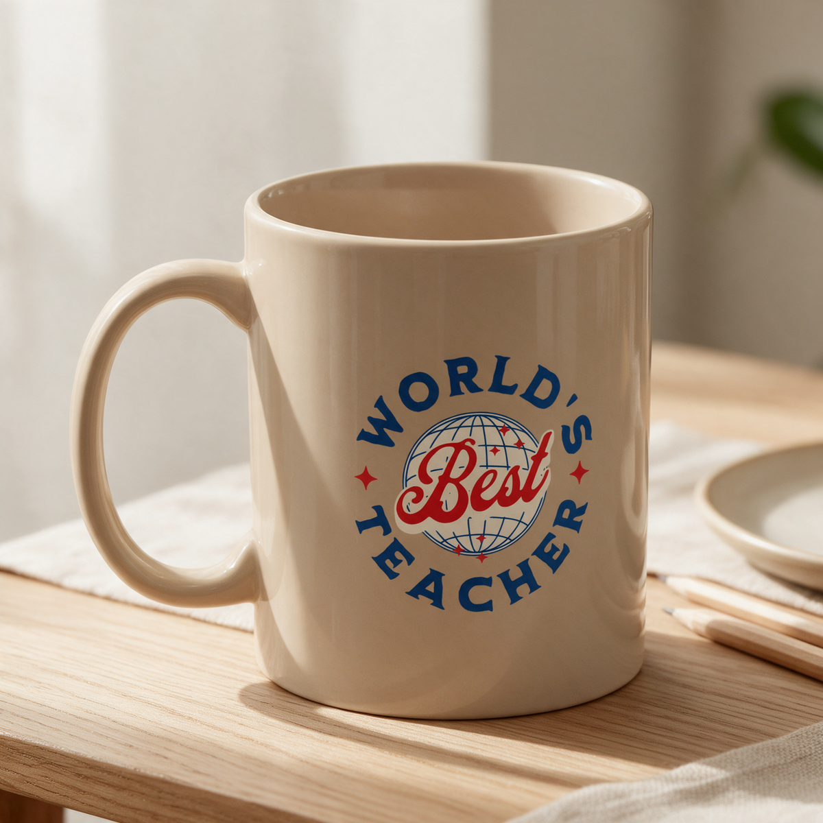 World's Best Teacher mug on a wooden table in morning light