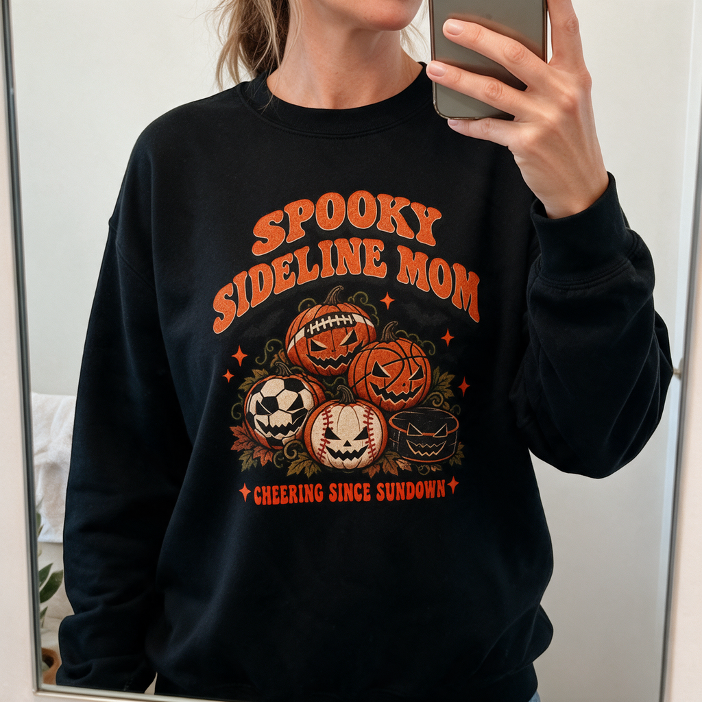 Woman wearing the black Spooky Sideline Mom Halloween sweatshirt