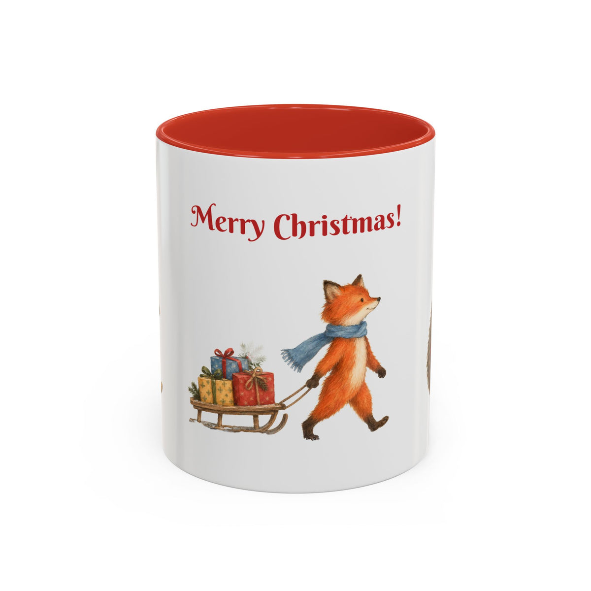 Woodland Village Christmas mug with a fox pulling a sled of presents and Merry Christmas in red script