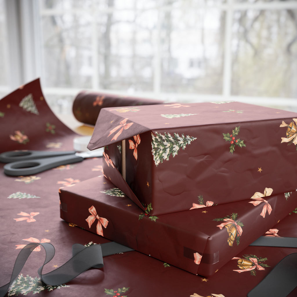 Bells & Bows Christmas Wrapping Paper | Deep Red Vintage Gift Wrap
