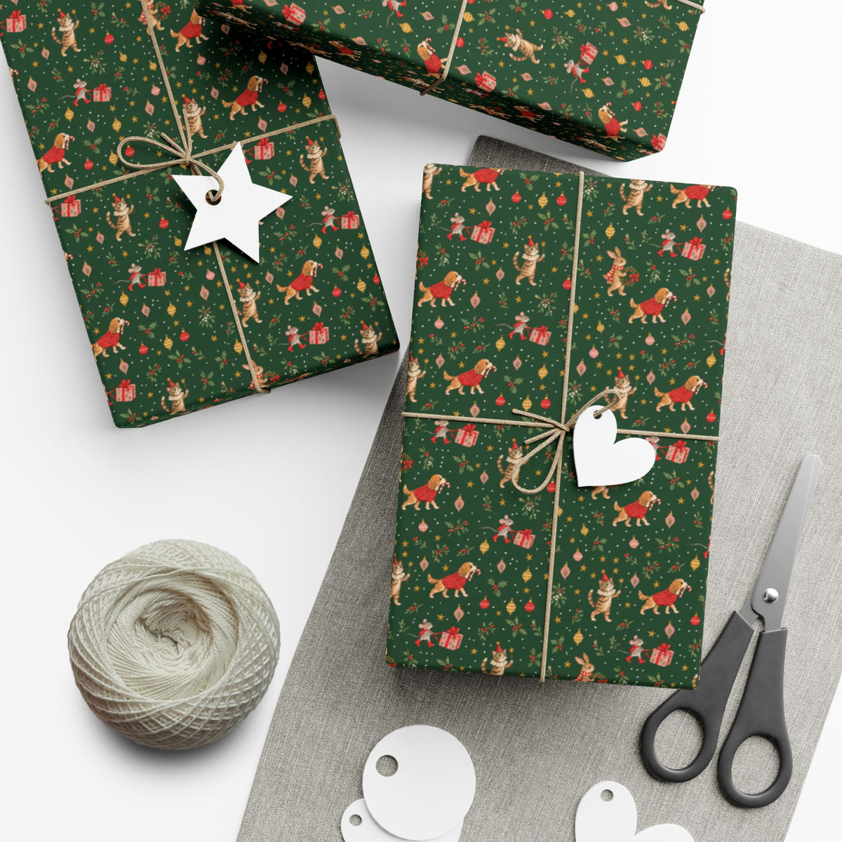 Pine Green Friends Christmas Wrapping Paper | Cats, Dogs & Bunnies Gift Wrap